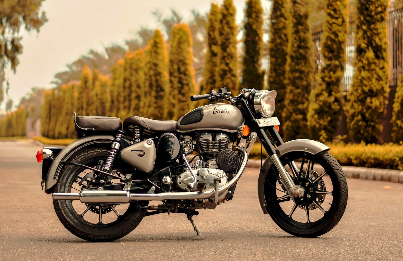 Royal Enfield Classic 350 parked on a tree-lined road